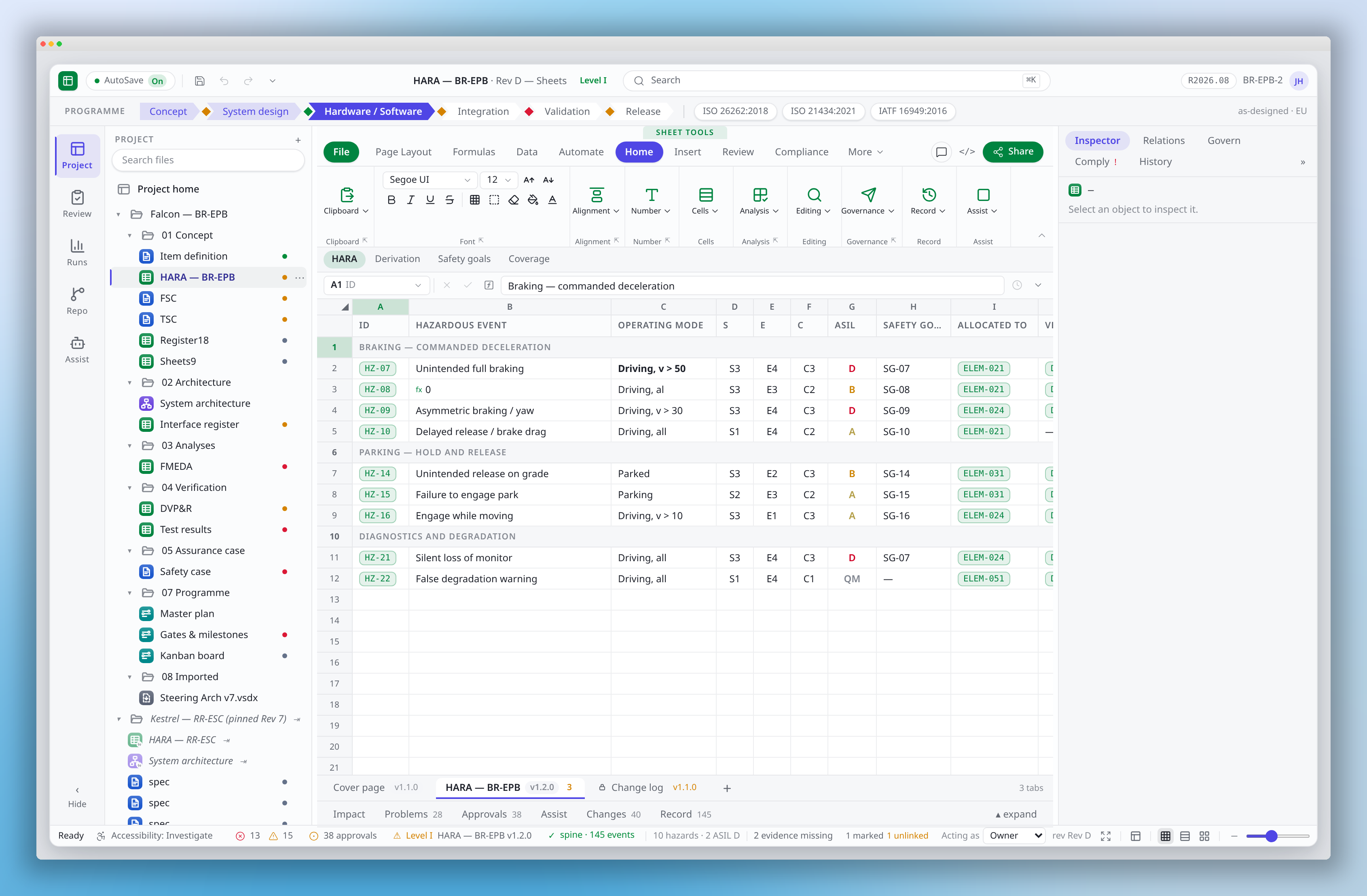 The M Theory Office workspace: ribbon, project explorer, connected records and inspector